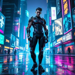 A futuristic cybernetic character standing confidently in a neon-lit urban environment