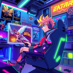 A dynamic and colorful illustration of a character playing a game