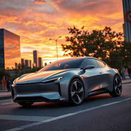 A sleek, futuristic electric car parked on a city street at sunset, showcasing its smooth lines, aerodynamic design, and glowing LED headlights