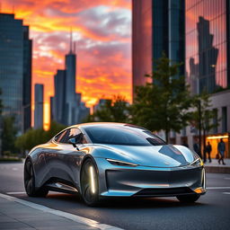 A sleek, futuristic electric car parked on a city street at sunset, showcasing its smooth lines, aerodynamic design, and glowing LED headlights