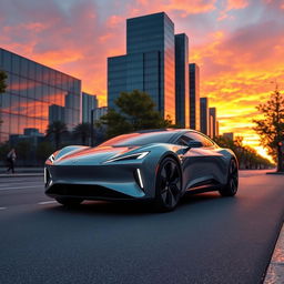 A sleek, futuristic electric car parked on a city street at sunset, showcasing its smooth lines, aerodynamic design, and glowing LED headlights