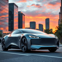 A sleek, futuristic electric car parked on a city street at sunset, showcasing its smooth lines, aerodynamic design, and glowing LED headlights