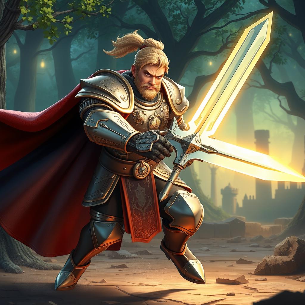 A dynamic character animation for a fantasy video game, featuring a heroic knight in shining armor wielding a glowing sword