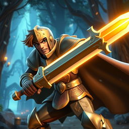A dynamic character animation for a fantasy video game, featuring a heroic knight in shining armor wielding a glowing sword
