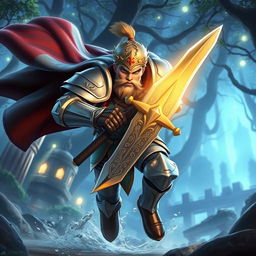 A dynamic character animation for a fantasy video game, featuring a heroic knight in shining armor wielding a glowing sword