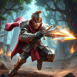 A dynamic character animation for a fantasy video game, featuring a heroic knight in shining armor wielding a glowing sword