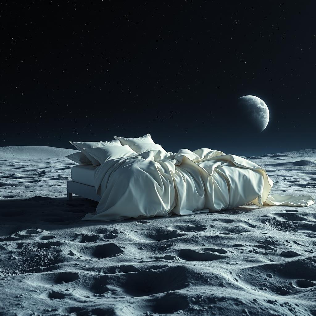 A surreal scene featuring a luxurious bed positioned on the surface of the moon, surrounded by a star-studded sky and Earth visible in the distance