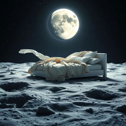A surreal scene featuring a luxurious bed positioned on the surface of the moon, surrounded by a star-studded sky and Earth visible in the distance