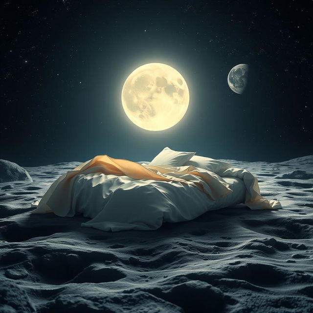 A surreal scene featuring a luxurious bed positioned on the surface of the moon, surrounded by a star-studded sky and Earth visible in the distance