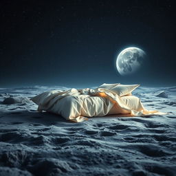 A surreal scene featuring a luxurious bed positioned on the surface of the moon, surrounded by a star-studded sky and Earth visible in the distance