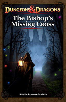 An exciting and mysterious cover for a Dungeons & Dragons adventure titled "The Bishop's Missing Cross