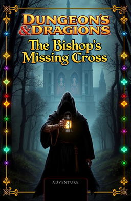 An exciting and mysterious cover for a Dungeons & Dragons adventure titled "The Bishop's Missing Cross