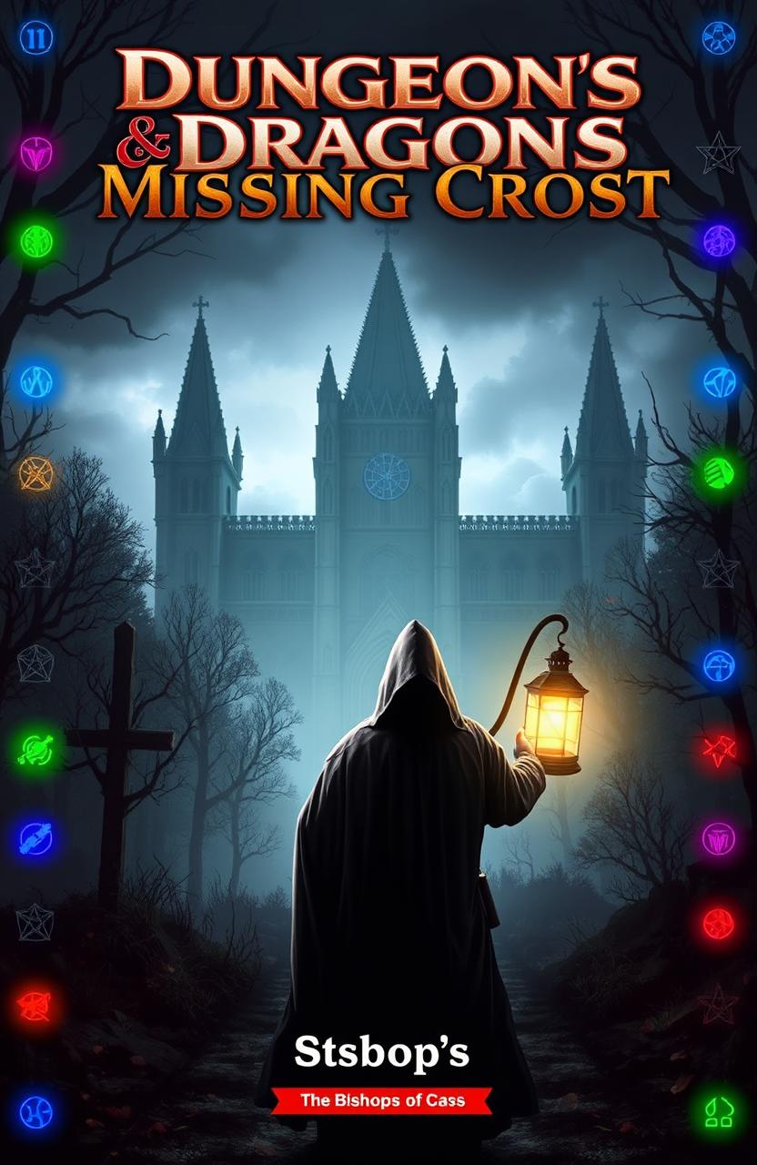 An exciting and mysterious cover for a Dungeons & Dragons adventure titled "The Bishop's Missing Cross