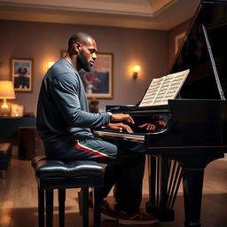 LeBron James, the renowned basketball player, showcasing his exceptional talent by playing a grand piano