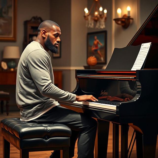 LeBron James, the renowned basketball player, showcasing his exceptional talent by playing a grand piano