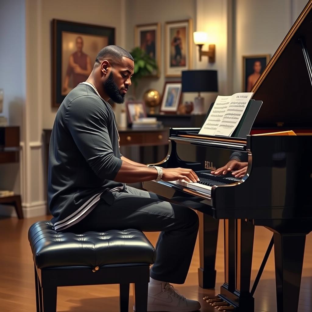 LeBron James, the renowned basketball player, showcasing his exceptional talent by playing a grand piano