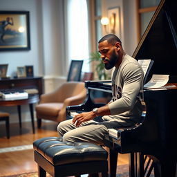 LeBron James, the renowned basketball player, showcasing his exceptional talent by playing a grand piano