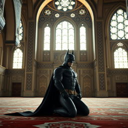 A photo-realistic depiction of Batman kneeling in prayer inside a beautifully adorned mosque