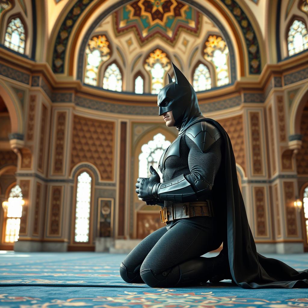 A photo-realistic depiction of Batman kneeling in prayer inside a beautifully adorned mosque