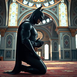 A photo-realistic depiction of Batman kneeling in prayer inside a beautifully adorned mosque