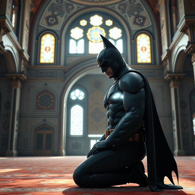 A photo-realistic depiction of Batman kneeling in prayer inside a beautifully adorned mosque