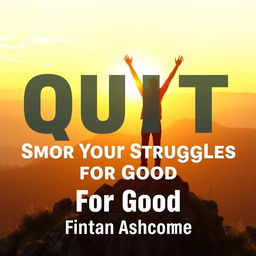 A realistic scene of a person standing triumphantly on a mountain top at sunrise, arms raised in victory