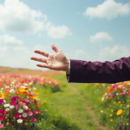 A surrealistic scene depicting a whimsical and colorful landscape, where a person is standing with their arm outstretched, but their hand is mysteriously absent, creating an intriguing and thought-provoking visual