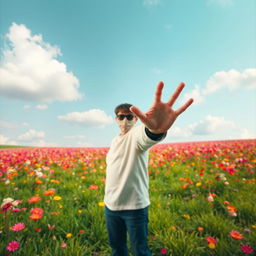 A surrealistic scene depicting a whimsical and colorful landscape, where a person is standing with their arm outstretched, but their hand is mysteriously absent, creating an intriguing and thought-provoking visual
