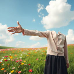 A surrealistic scene depicting a whimsical and colorful landscape, where a person is standing with their arm outstretched, but their hand is mysteriously absent, creating an intriguing and thought-provoking visual