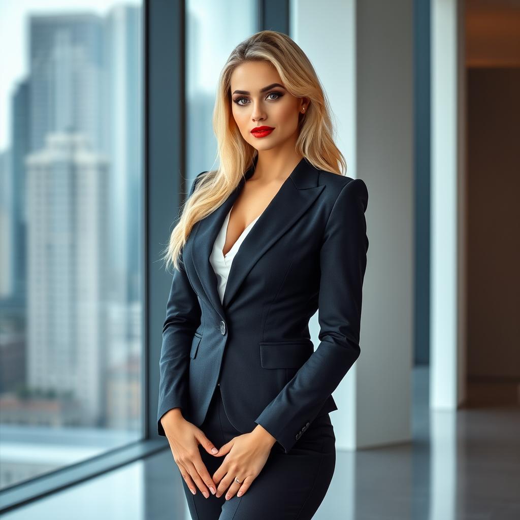 A stunning blonde woman with a beautifully shaped figure, dressed in a stylish and elegant business suit