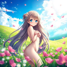 A beautiful anime girl standing gracefully amidst a dreamy, vibrant fantasy landscape