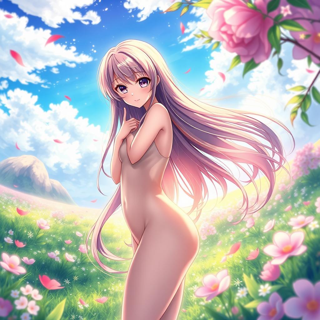 A beautiful anime girl standing gracefully amidst a dreamy, vibrant fantasy landscape