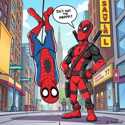 A playful and humorous scene featuring two iconic superheroes, Spider-Man and Deadpool, illustrated in a dynamic and colorful comic-style