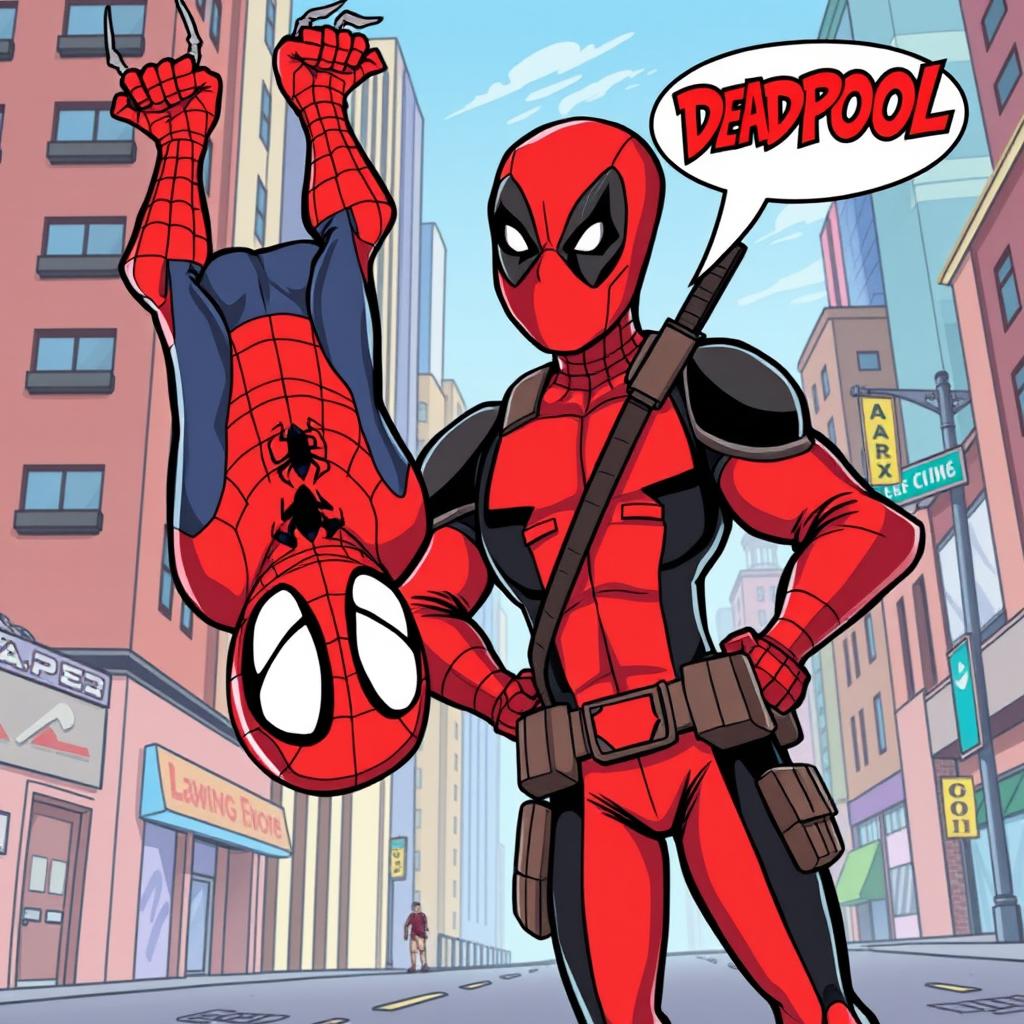 A playful and humorous scene featuring two iconic superheroes, Spider-Man and Deadpool, illustrated in a dynamic and colorful comic-style