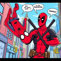 A playful and humorous scene featuring two iconic superheroes, Spider-Man and Deadpool, illustrated in a dynamic and colorful comic-style