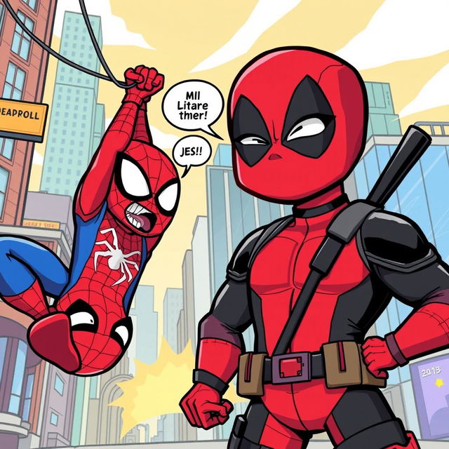 A playful and humorous scene featuring two iconic superheroes, Spider-Man and Deadpool, illustrated in a dynamic and colorful comic-style