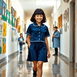 A beautiful and confident French girl in a blue-cropped uniform, walking gracefully down a bright school corridor