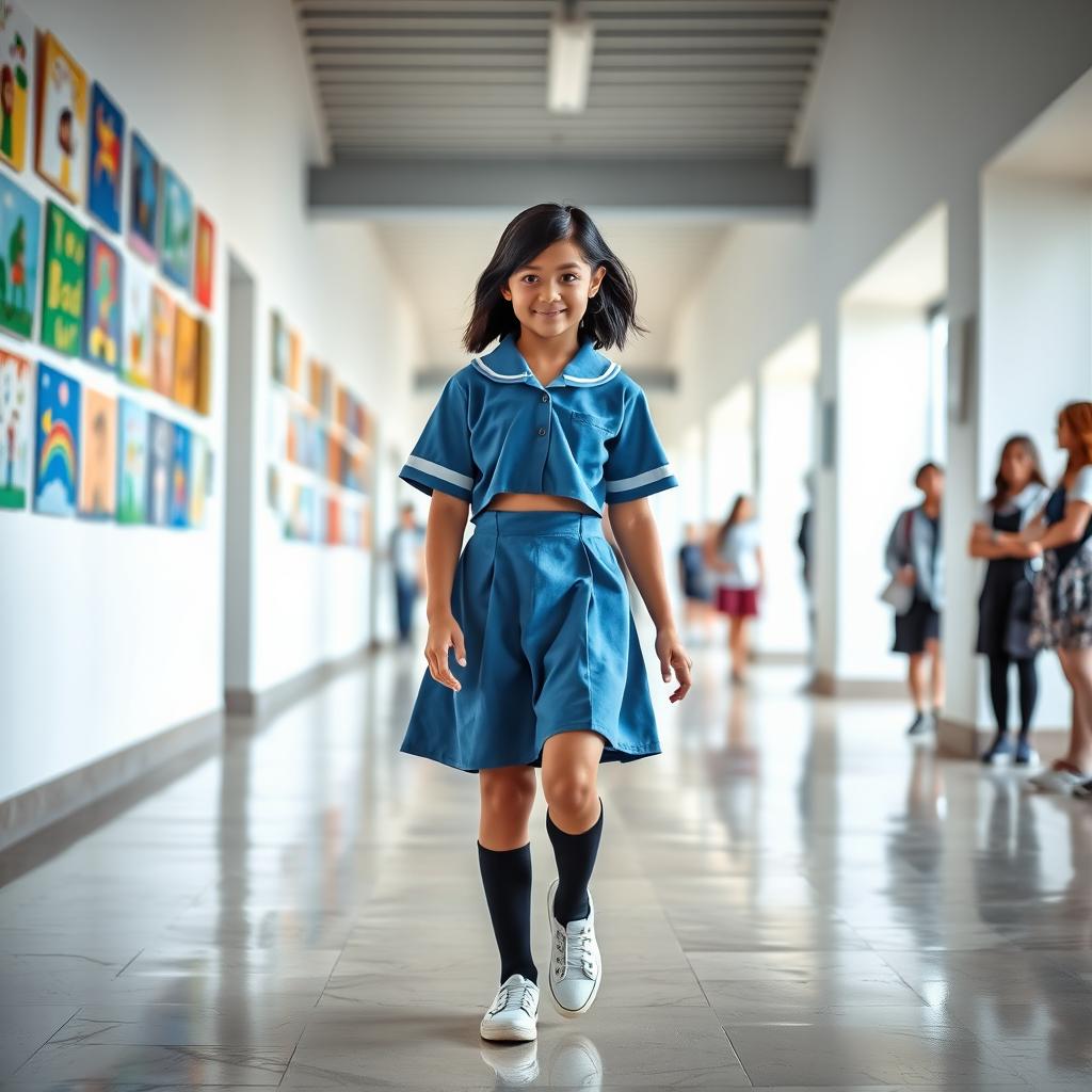 A beautiful and confident French girl in a blue-cropped uniform, walking gracefully down a bright school corridor