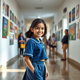 A beautiful and confident French girl in a blue-cropped uniform, walking gracefully down a bright school corridor