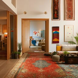 A beautifully decorated home with tasteful furniture, warm lighting, colorful rugs, potted plants and framed wall arts