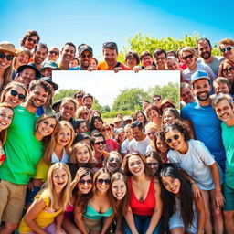 A group photo composition featuring a large and vibrant group of people, all smiling and engaging joyfully