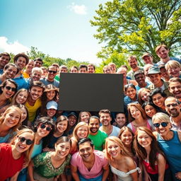 A group photo composition featuring a large and vibrant group of people, all smiling and engaging joyfully