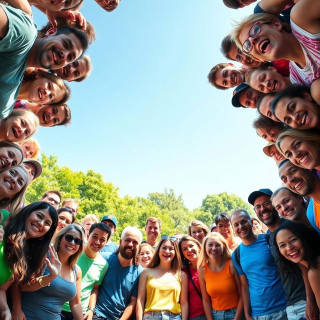 A group photo composition featuring a large and vibrant group of people, all smiling and engaging joyfully