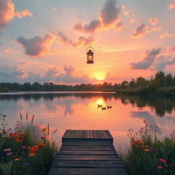 A serene landscape featuring a tranquil lake reflecting a glorious sunset, surrounded by lush greenery and colorful wildflowers