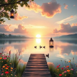 A serene landscape featuring a tranquil lake reflecting a glorious sunset, surrounded by lush greenery and colorful wildflowers