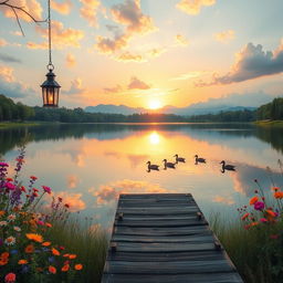 A serene landscape featuring a tranquil lake reflecting a glorious sunset, surrounded by lush greenery and colorful wildflowers