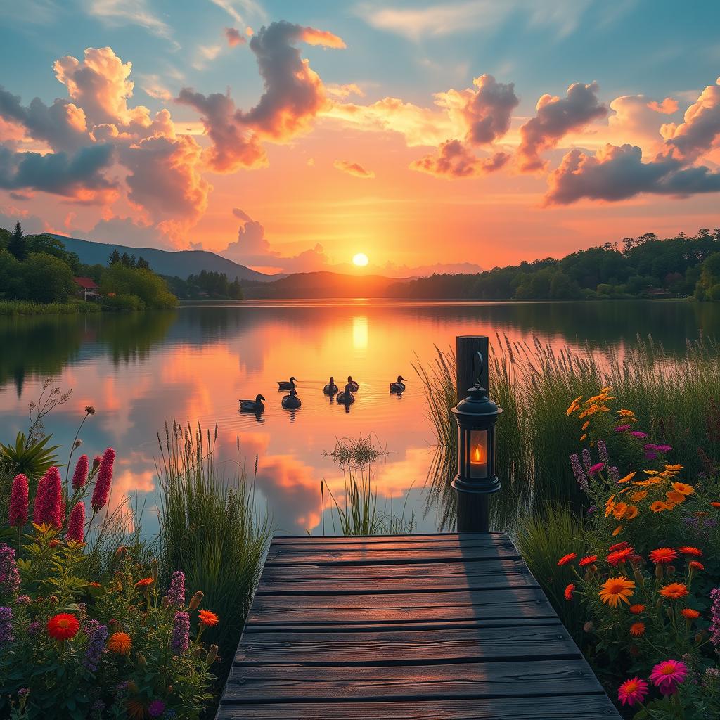 A serene landscape featuring a tranquil lake reflecting a glorious sunset, surrounded by lush greenery and colorful wildflowers