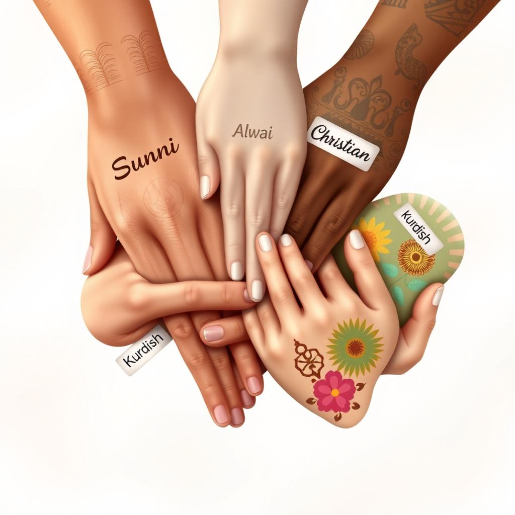 Five diverse hands holding each other in solidarity, each hand beautifully designed to showcase different cultural elements, with the labels on each hand elegantly inscribed: 'Sunni' in ornate script on the first hand, 'Alwai' on the second hand with intricate patterns, 'Christian' on the third hand featuring subtle religious symbols, 'Durzi' on the fourth hand adorned with traditional motifs, and 'Kurdish' on the fifth hand showcasing vibrant colors and designs