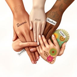 Five diverse hands holding each other in solidarity, each hand beautifully designed to showcase different cultural elements, with the labels on each hand elegantly inscribed: 'Sunni' in ornate script on the first hand, 'Alwai' on the second hand with intricate patterns, 'Christian' on the third hand featuring subtle religious symbols, 'Durzi' on the fourth hand adorned with traditional motifs, and 'Kurdish' on the fifth hand showcasing vibrant colors and designs