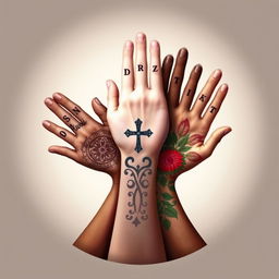 Five diverse hands holding each other in solidarity, each hand beautifully designed to showcase different cultural elements, with the labels on each hand elegantly inscribed: 'Sunni' in ornate script on the first hand, 'Alwai' on the second hand with intricate patterns, 'Christian' on the third hand featuring subtle religious symbols, 'Durzi' on the fourth hand adorned with traditional motifs, and 'Kurdish' on the fifth hand showcasing vibrant colors and designs